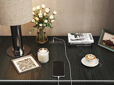 Decorative Ornament Set With Table Lamp Vase White Roses Photo Frame Candle And Coffee Cup 3d model