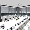 Modern Conference Room Interior Design With Large Windows White Chairs Long Table And Striped Floor