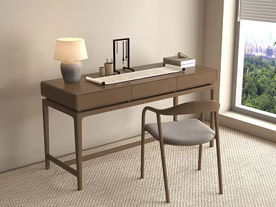 Modern Wooden Home Office Desk With Lamp Stationery Books Chair And Green Window View 3d model