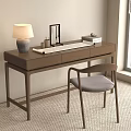 Modern Wooden Home Office Desk With Lamp Stationery Books Chair And Green Window View