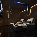 Modern SPA Sauna Interior Design With Comfortable Loungers TV Screen And Ambient Lighting