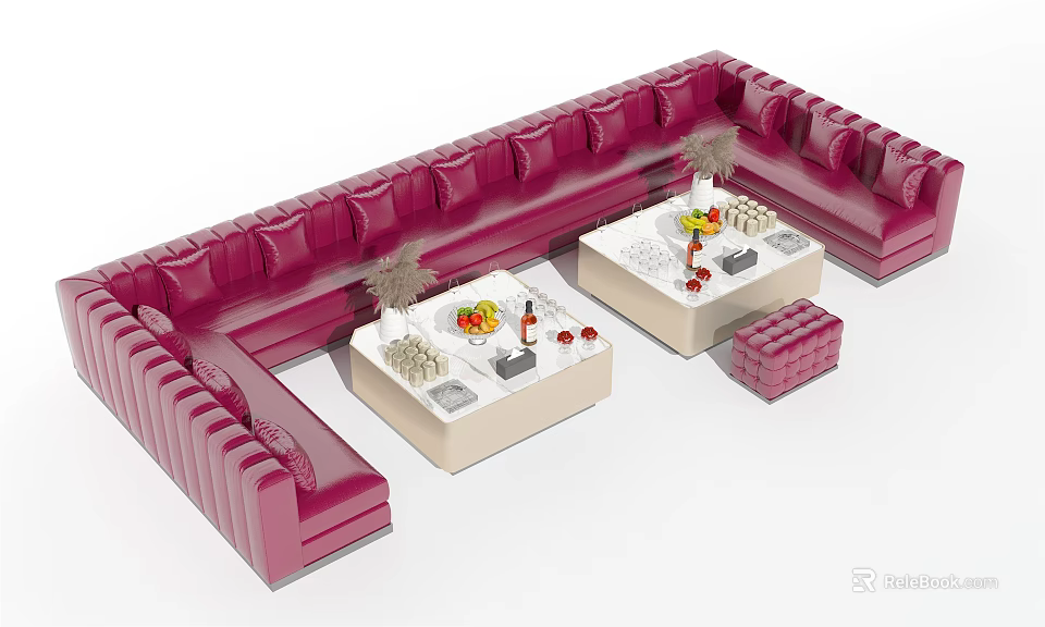 Red L shaped Sofa and Coffee Table Set with Fruits Drinks and Stools 3d model