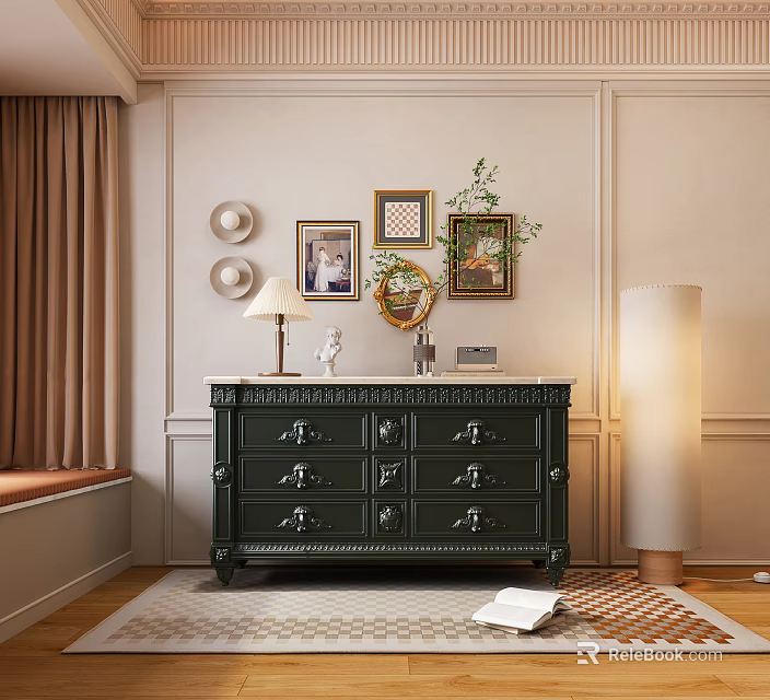 Elegant Green Entryway Console Cabinet With Marble Top Table Lamp Statue Mirror And Wall Art 3d model 