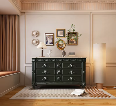 Elegant Green Entryway Console Cabinet With Marble Top Table Lamp Statue Mirror And Wall Art 3d model