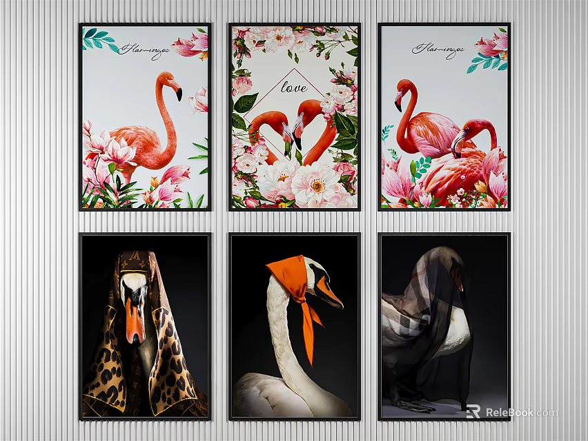 Colorful Animal Paintings with Flamingos Swans and Floral Decorative Designs 3d model 