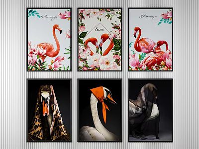 Colorful Animal Paintings with Flamingos Swans and Floral Decorative Designs 3d model