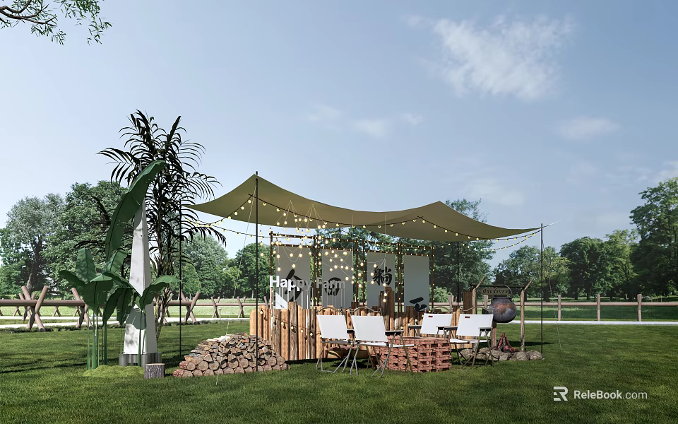 Outdoor Leisure Tent With String Lights Wooden Elements Tables And Chairs On Grass Field 3d model 