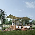 Outdoor Leisure Tent With String Lights Wooden Elements Tables And Chairs On Grass Field