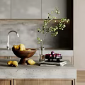 Elegant Decorative Ornament Set With Wooden Bowl Pears Glass Vase Green Leaves On Kitchen Countertop