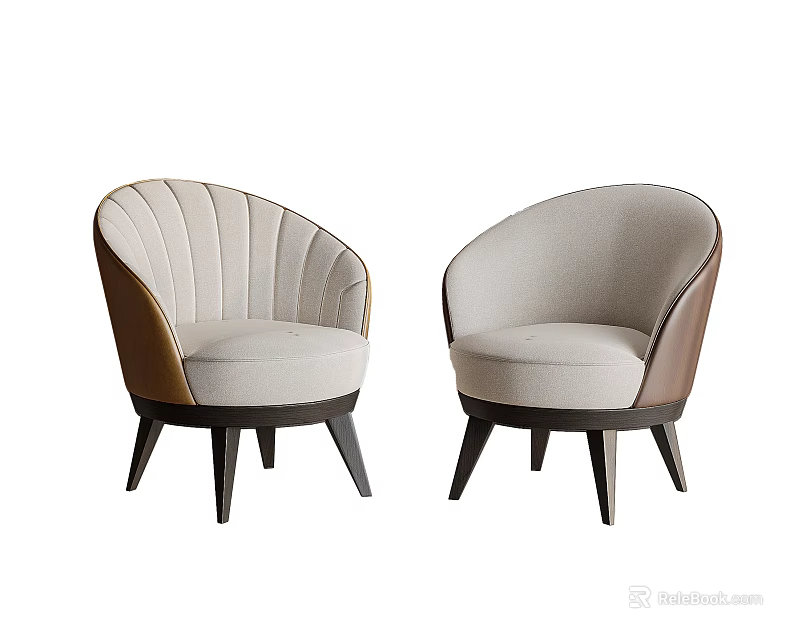 Elegant Single Armchairs With Curved Backrest Light Upholstery Dark Armrests And Wooden Legs 3d model 