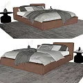 Modern Brown Double Bed with Gray Sheets and Black Nightstands on Patterned Rug 3d model