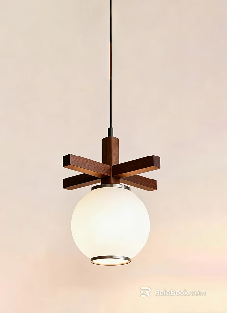 Modern Wooden Pendant Light With Cross Shaped Frame And White Globe Shade 3d model 