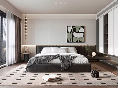 Modern Bedroom Interior Design With Comfortable Bed Patterned Rug Pendant Lighting And Artwork 3d model