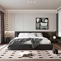 Modern Bedroom Interior Design With Comfortable Bed Patterned Rug Pendant Lighting And Artwork
