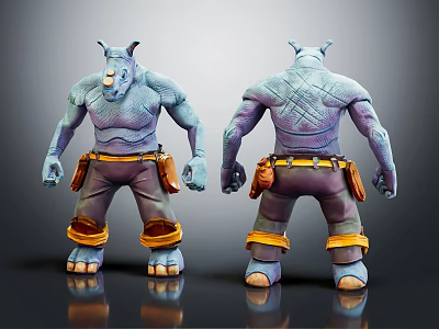 Rhinoceros Humanoid Character Front Back Views With Blue Purple Skin Work Pants Tool Belt 3d model