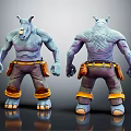 Rhinoceros Humanoid Character Front Back Views With Blue Purple Skin Work Pants Tool Belt