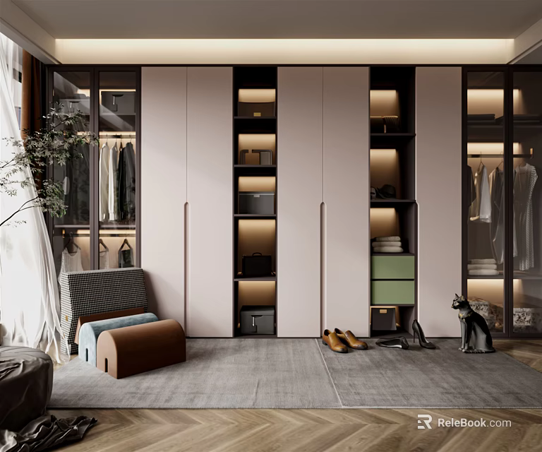 Elegant Modern Wardrobe Interior With Open Shelves Lighting And Clothing Storage 3d model 