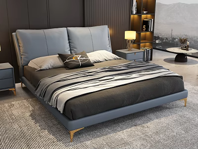 Gray Upholstered Double Bed With Striped Bedding Gold Legs And Nightstand Lamp In Modern Bedroom 3d model