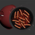 Outdoor Grill With Sausages Red Lid On Metal Stand And Wheels