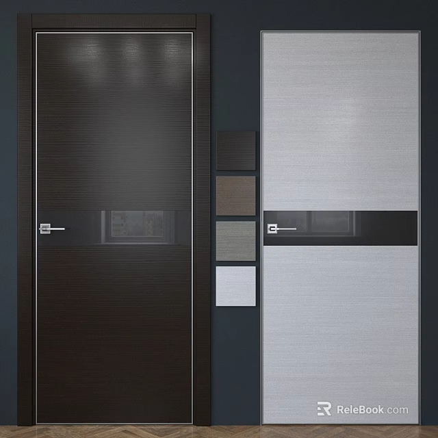 Modern Flush Doors in Dark Brown and Light Gray with Glass Panels and Metal Handles 3d model 