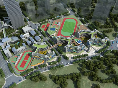 Modern School Campus Buildings With Track Field Lawn And Green Surroundings 3d model