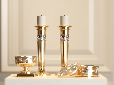 Two Elegant Golden Candle Holders With Small Golden Bowl And Dishes On Light Colored Wall Background 3d model