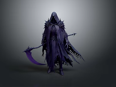 Hooded Dark Fantasy Character In Purple Cloak With Spiked Armor And Scythe 3d model