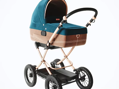 Blue And Brown Baby Stroller With Large Wheels 3d model
