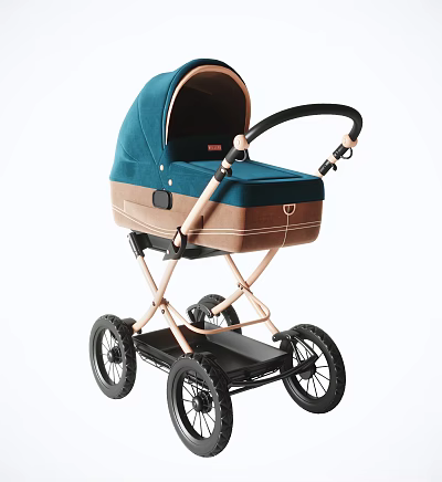 Blue And Brown Baby Stroller With Large Wheels 3d model