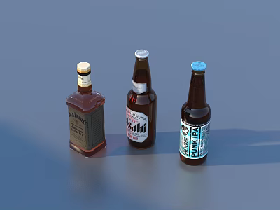 Three Brown Bottles with Whiskey Beer and Cola Labels on Gray Desktop with Shadow 3d model