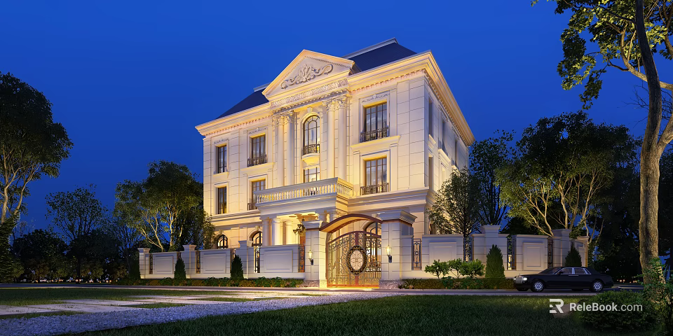 Classical Single Family Villa Exterior With Illuminated Design Grand Gate And Landscaped Garden 3d model 