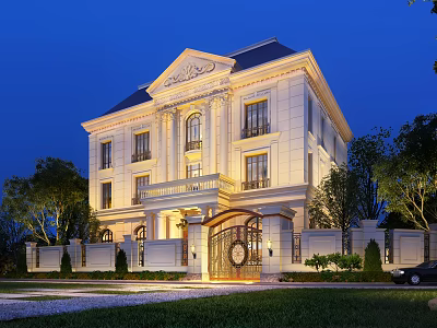 Classical Single Family Villa Exterior With Illuminated Design Grand Gate And Landscaped Garden 3d model