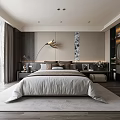 Modern Bedroom Interior Design With Gray Bedding White Curtains Floor Lamp Wardrobe And Rug