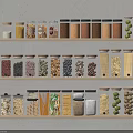 Organized Kitchen Spice Jars Storage With Various Dried Ingredients On Wooden Shelves