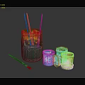 Colorful Paintbrushes Stored in Jar with Open Blue Green Yellow Paint Tubs and Splatters