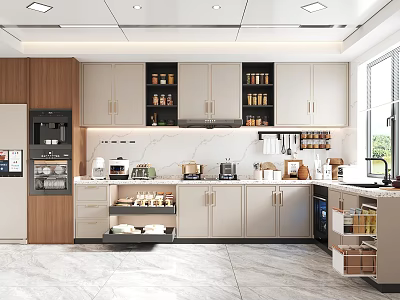 Modern Kitchen Interior With Cabinets Appliances Open Shelves And Marble Countertop 3d model