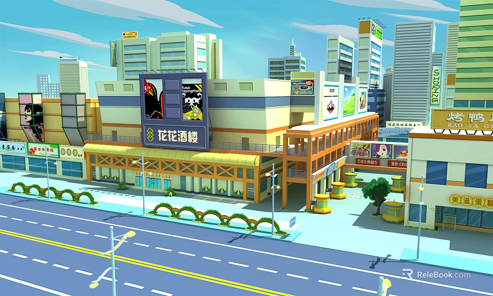 Cartoon City Scene With Tall Buildings Colorful Shops Street Lampposts And Green Plants 3d model 
