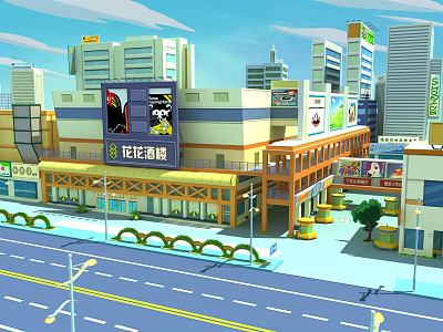 Cartoon City Scene With Tall Buildings Colorful Shops Street Lampposts And Green Plants 3d model