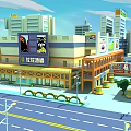 Cartoon City Scene With Tall Buildings Colorful Shops Street Lampposts And Green Plants