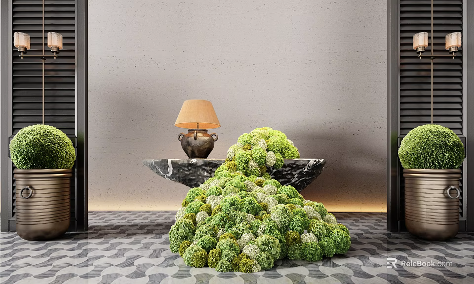 Modern Indoor Bonsai Potted Plants Green Spherical Shapes In Gold Planters With Black Marble Countertop 3d model 