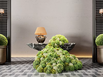 Modern Indoor Bonsai Potted Plants Green Spherical Shapes In Gold Planters With Black Marble Countertop 3d model