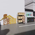 Outdoor Display Shelves With Trash Sorting Bins And Person Near Building