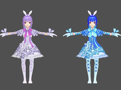 Game and Movie Character Design With Rabbit Ears Purple Blue Dresses and Elegant Lace Details 3d model