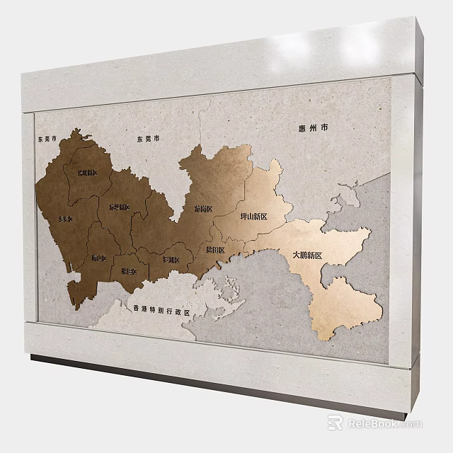 Wall With Framed Regional Map Art In Brown And Gold On Gray Background Decor 3d model 