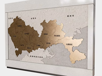 Wall With Framed Regional Map Art In Brown And Gold On Gray Background Decor 3d model