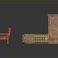 Wooden Bedroom Furniture Set With Bed Red Checkered Chairs Sofa And Cabinet
