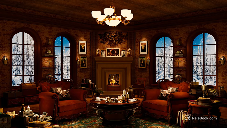 Cozy Cafe Interior With Fireplace Chandelier Red Armchairs Coffee Table And Windows 3d model 