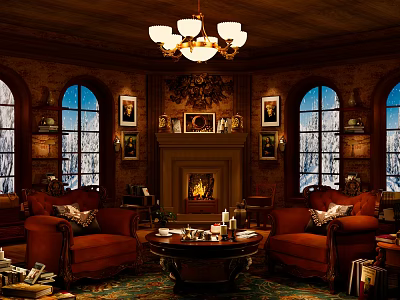 Cozy Cafe Interior With Fireplace Chandelier Red Armchairs Coffee Table And Windows 3d model