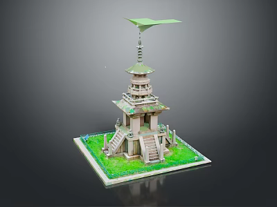 Scenic Traditional Multi Level Tower with Green Roof and Stairs on Lush Green Lawn 3d model
