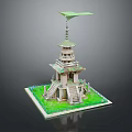 Scenic Traditional Multi Level Tower with Green Roof and Stairs on Lush Green Lawn